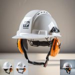a photo of a white industrial white safety helmet