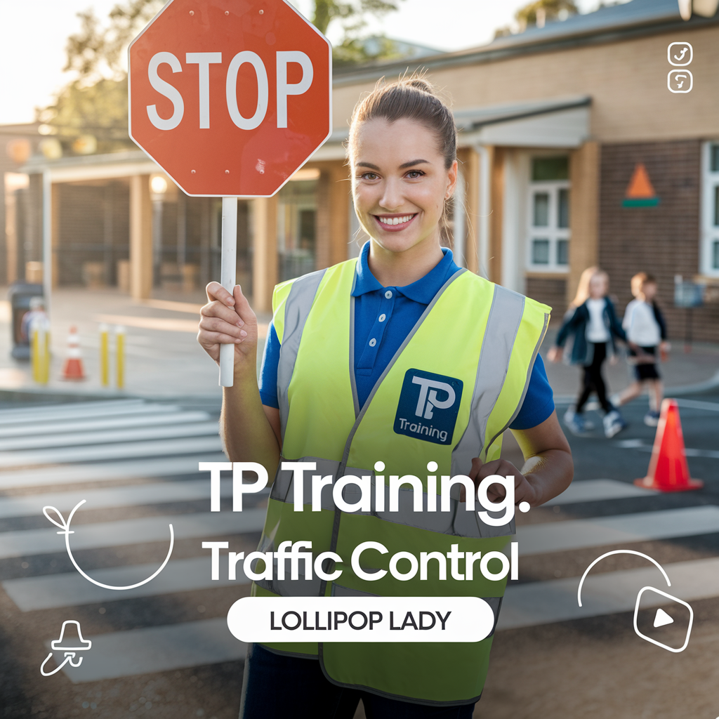 cheerful young woman acting as a Lollipop Lady holding a stop sign at a school crossing 5