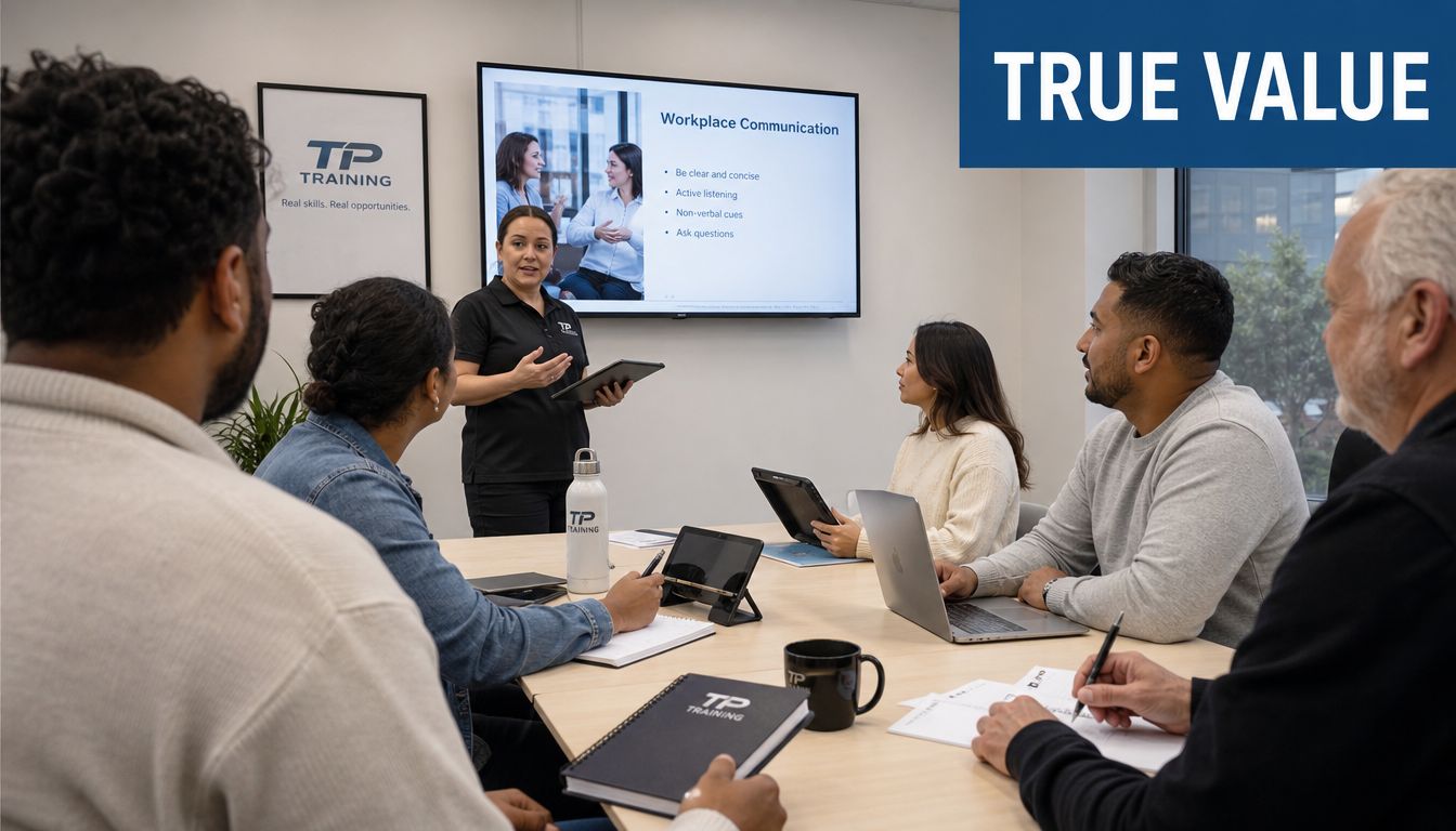 A professional instructor leading a workplace communication training session for a diverse group of employees in a classroom.