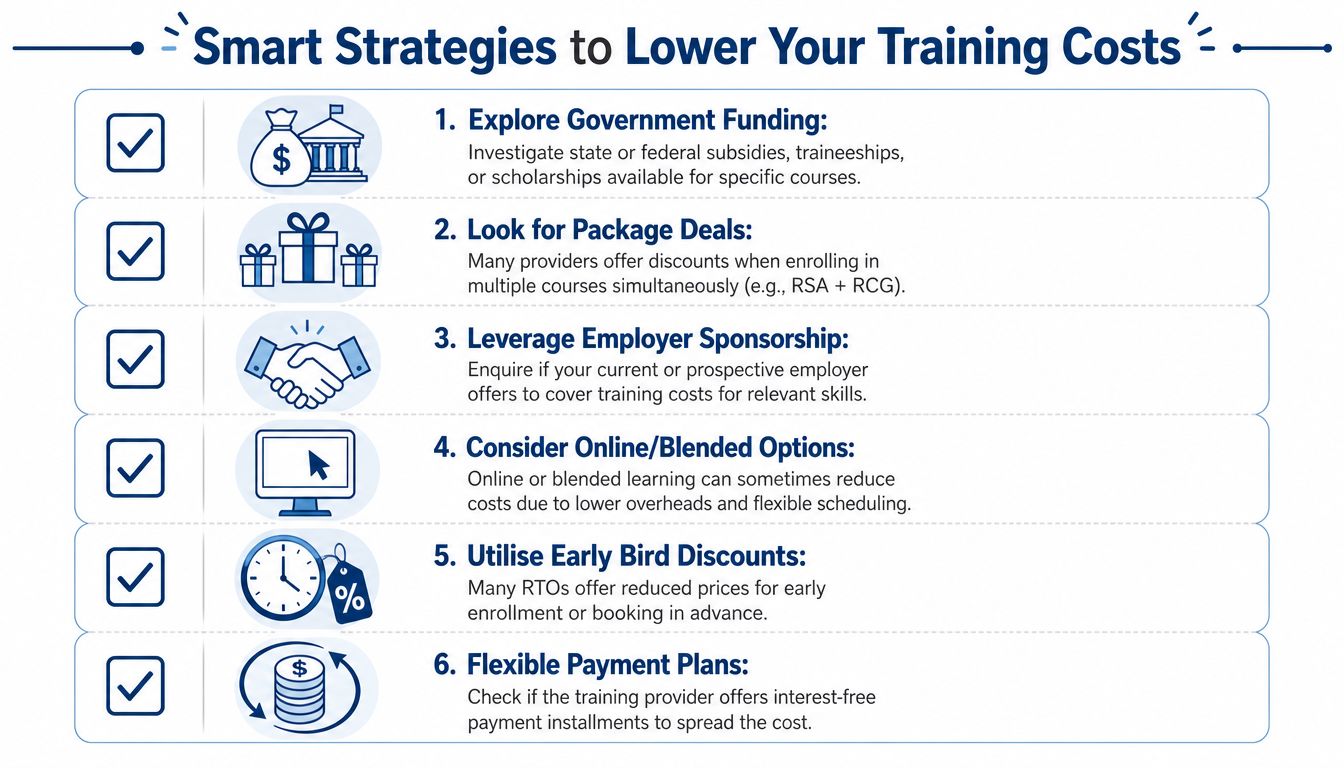 An infographic titled Smart Strategies to Lower Your Training Costs featuring six tips for saving on educational courses.
