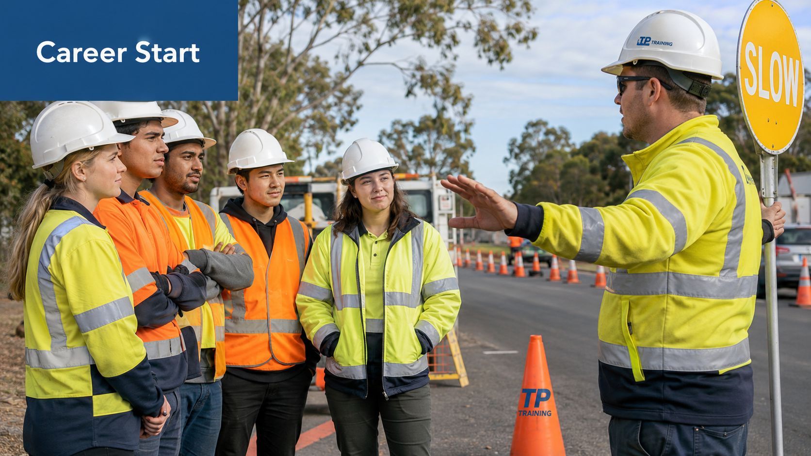 An instructor provides traffic management training to a group of students wearing high-visibility gear and hard hats.