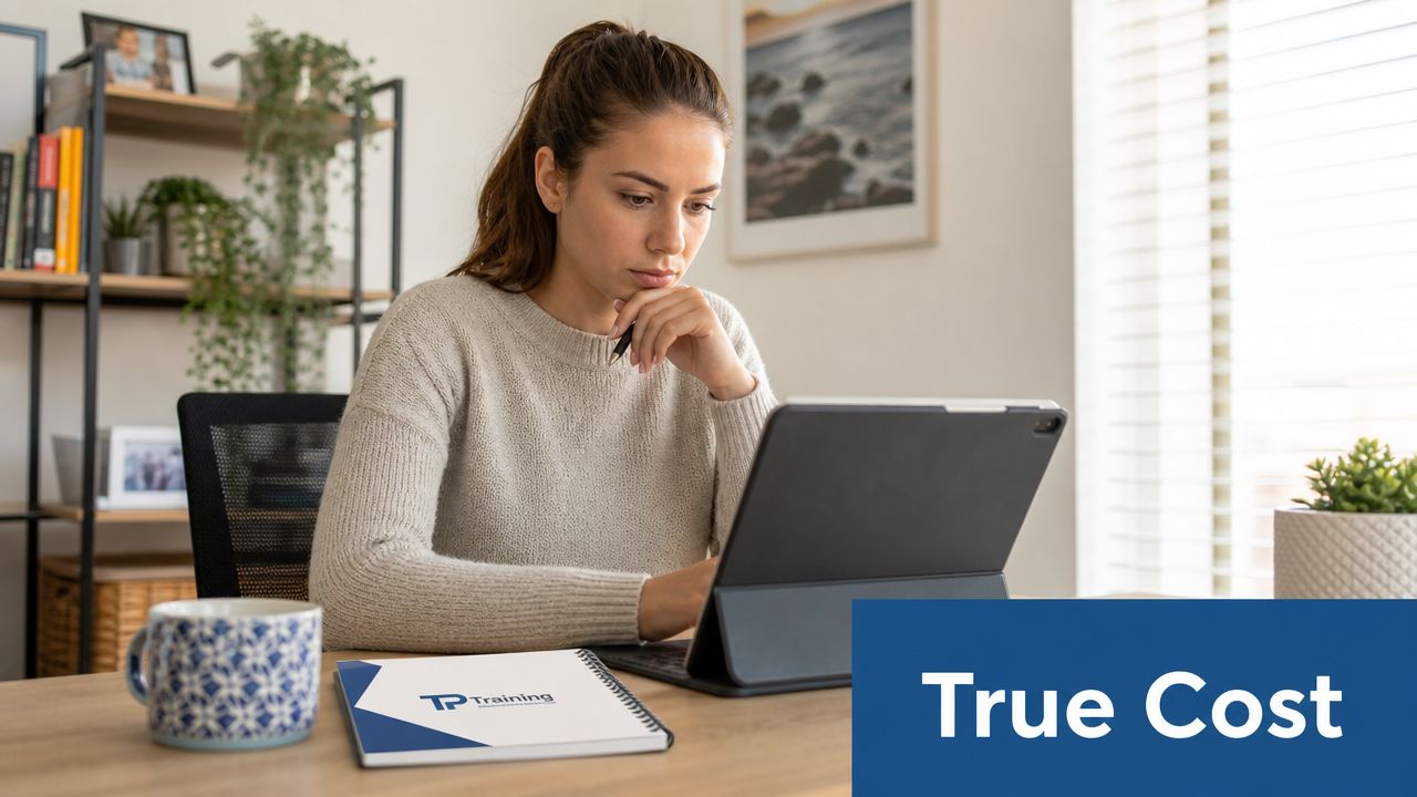 A young woman thoughtfully reviewing training materials on her tablet at a home office desk.