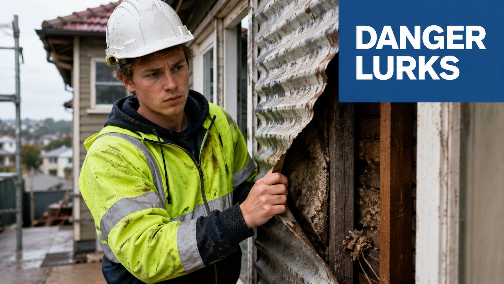 A construction worker in a hard hat inspecting damaged building materials during asbestos awareness training.