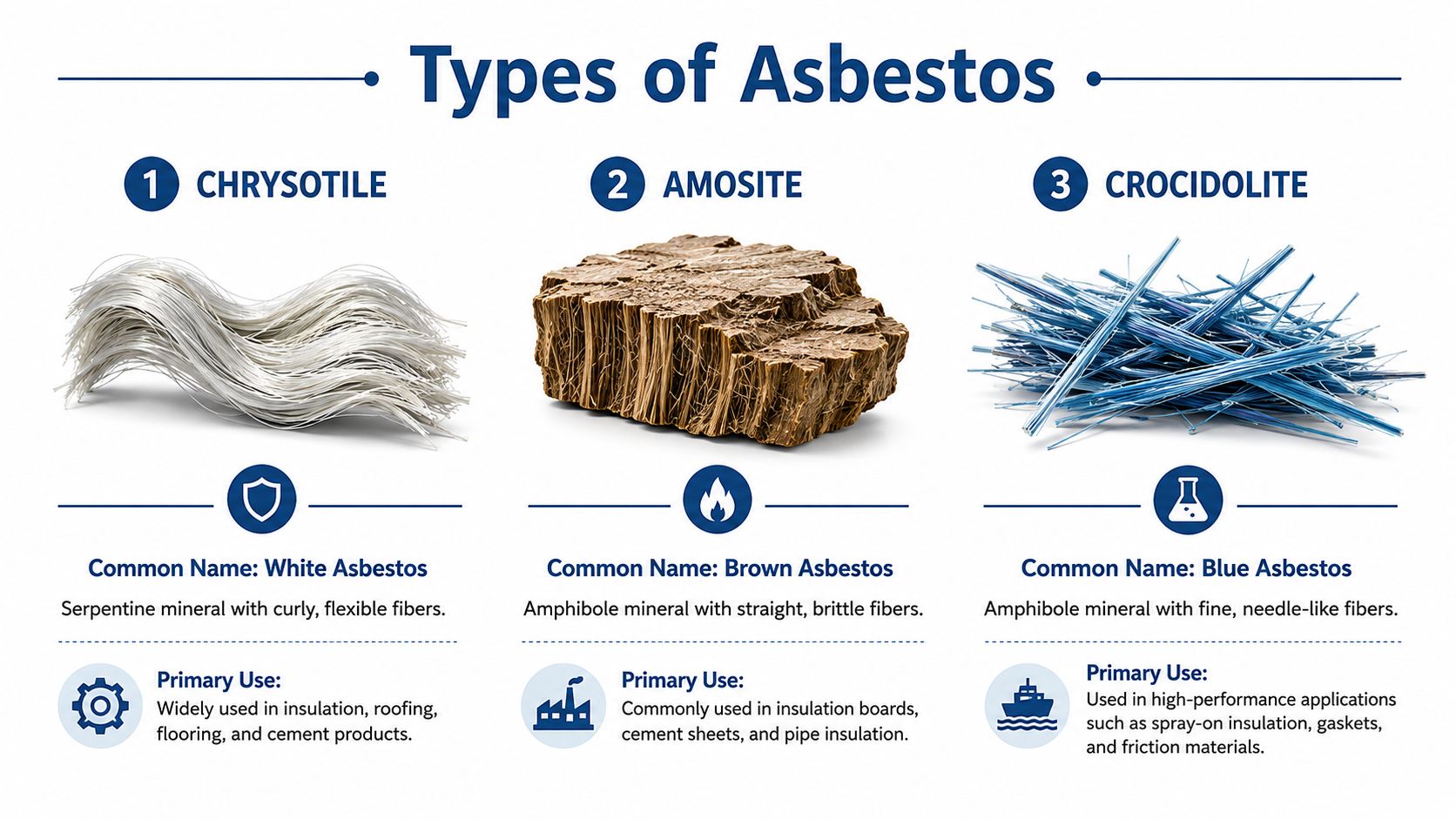 An infographic displaying the three main types of asbestos: Chrysotile, Amosite, and Crocidolite with descriptions.