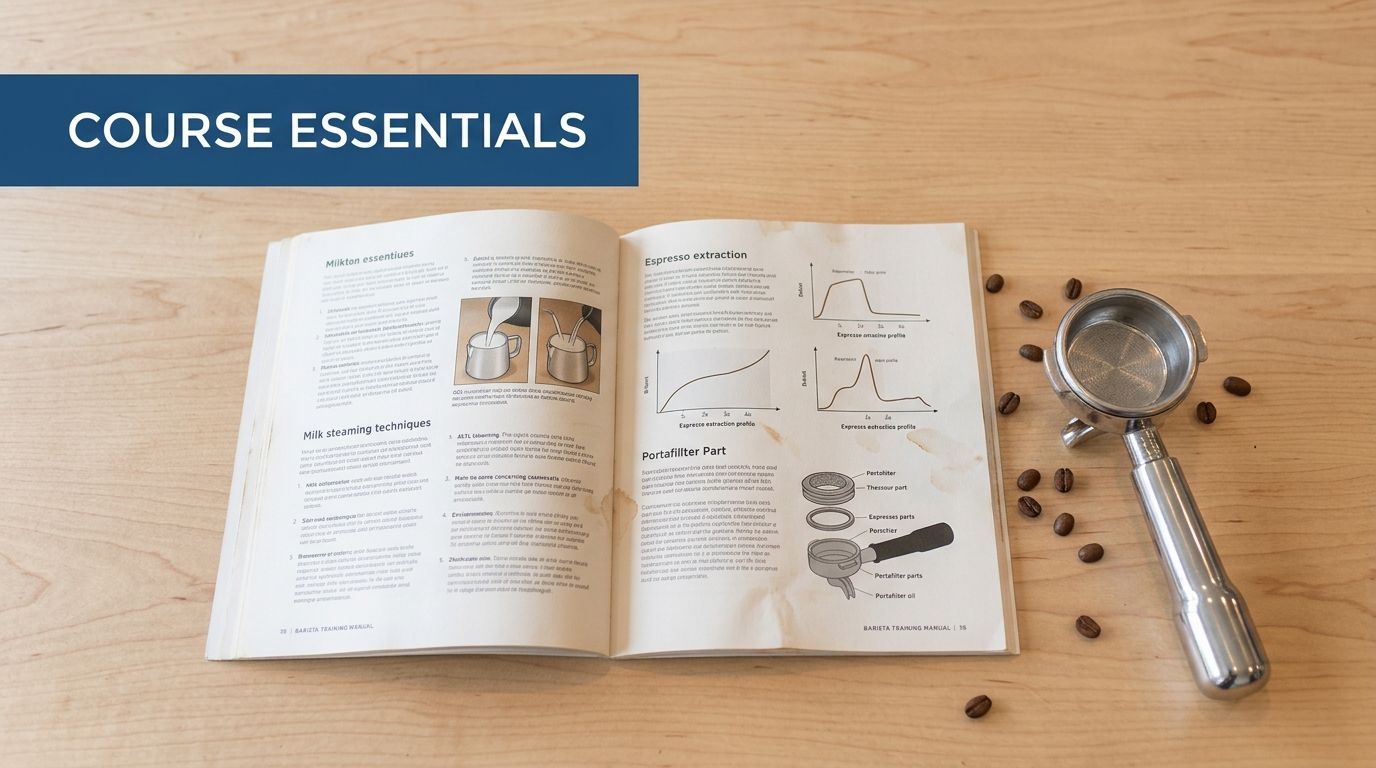 An open barista training manual on a wooden table next to a metal portafilter and coffee beans.