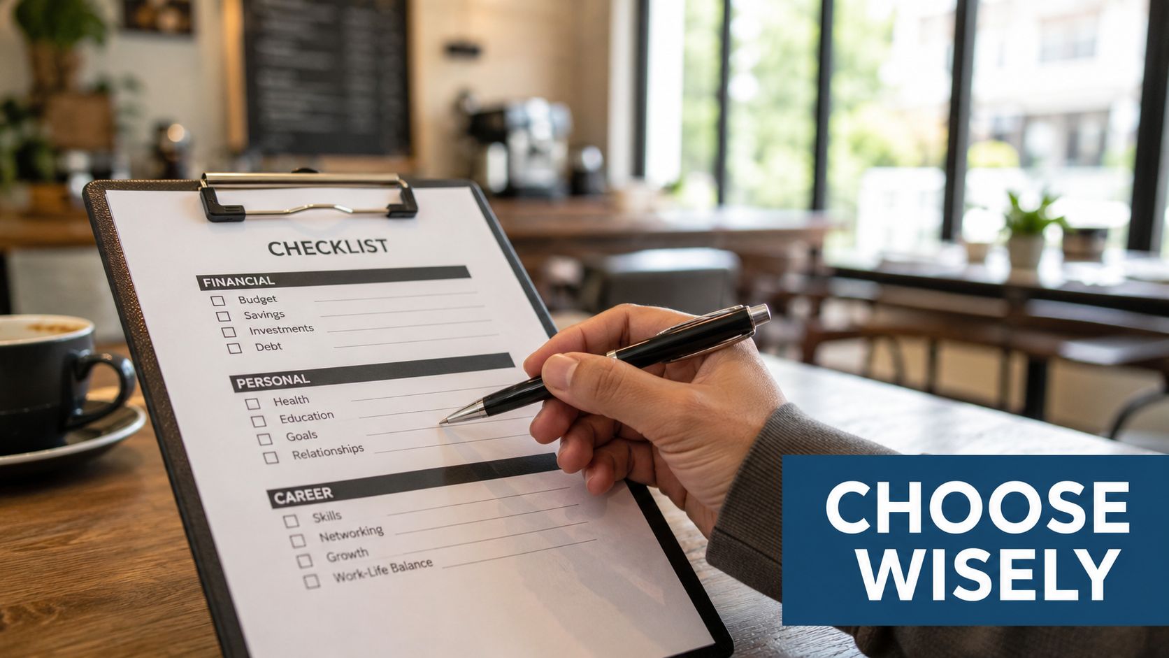 A person writing on a checklist regarding personal, financial, and career goals at a cafe table.