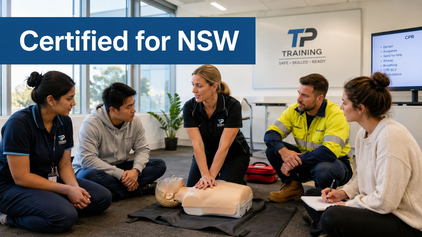 An instructor demonstrates CPR techniques on a medical mannequin to a group of students in a classroom.