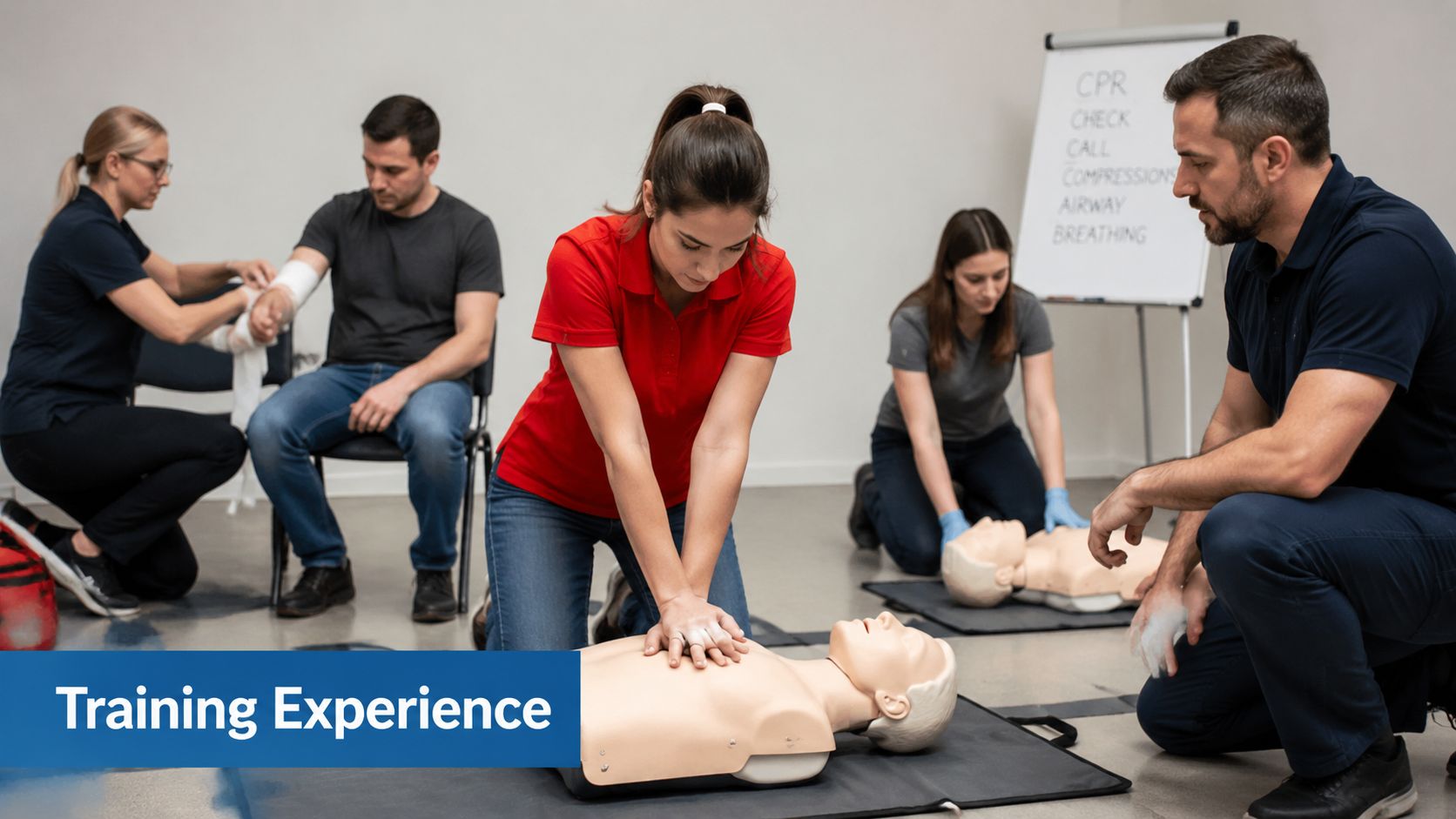 A group of people participating in a professional CPR and first aid training session indoors.