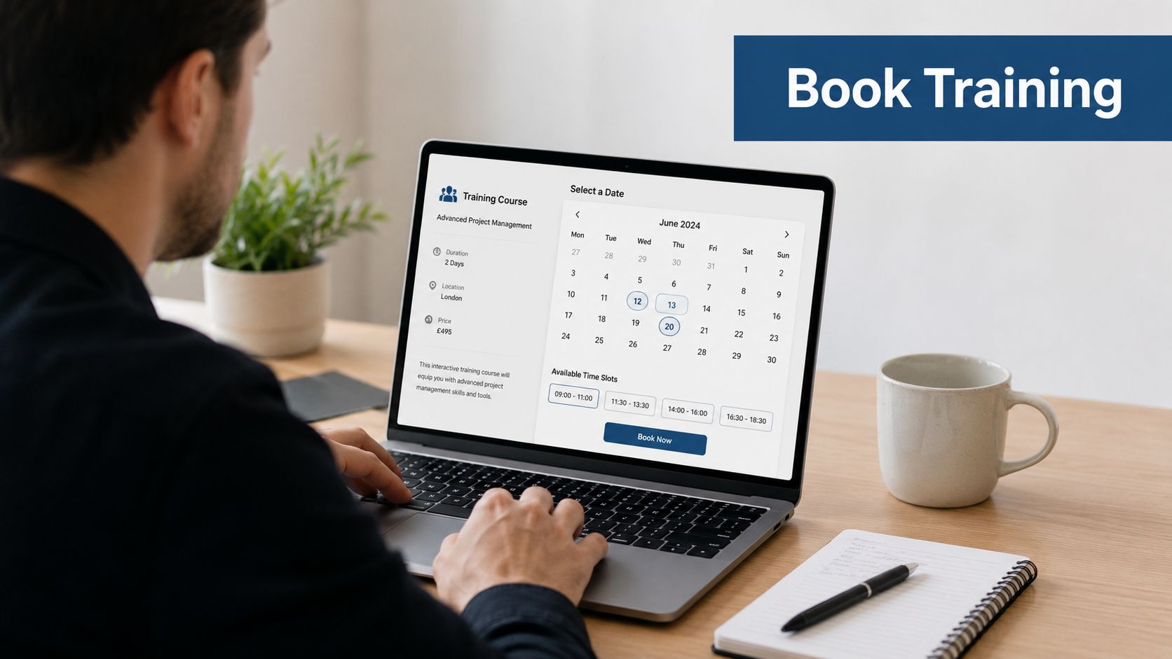 A man working on his laptop to book an advanced project management training course online.