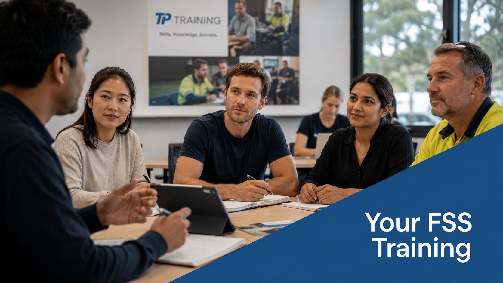 A professional group of students participating in an interactive classroom training session led by an instructor.
