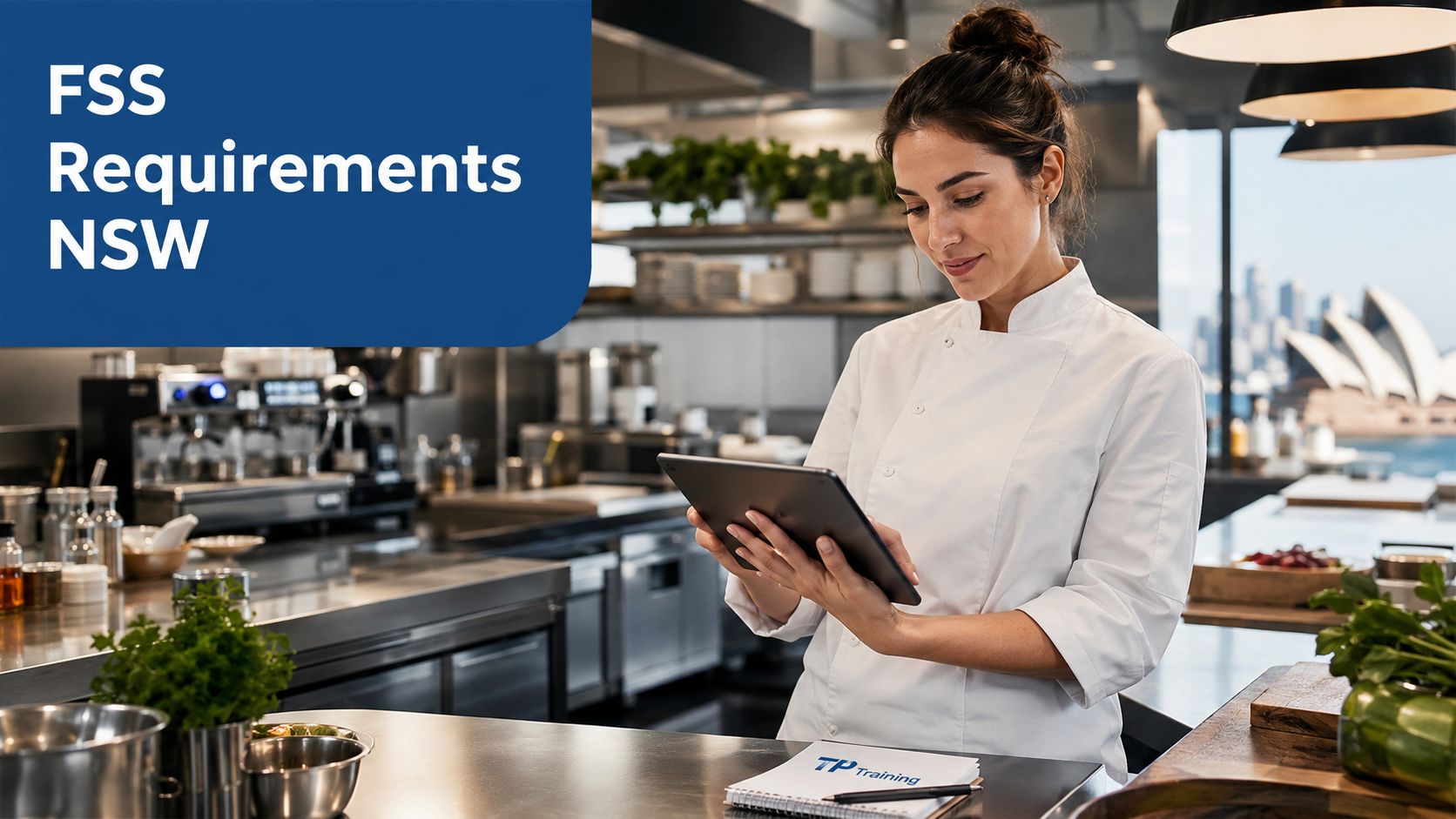 A professional chef in a commercial kitchen holding a tablet and reviewing food safety requirements.