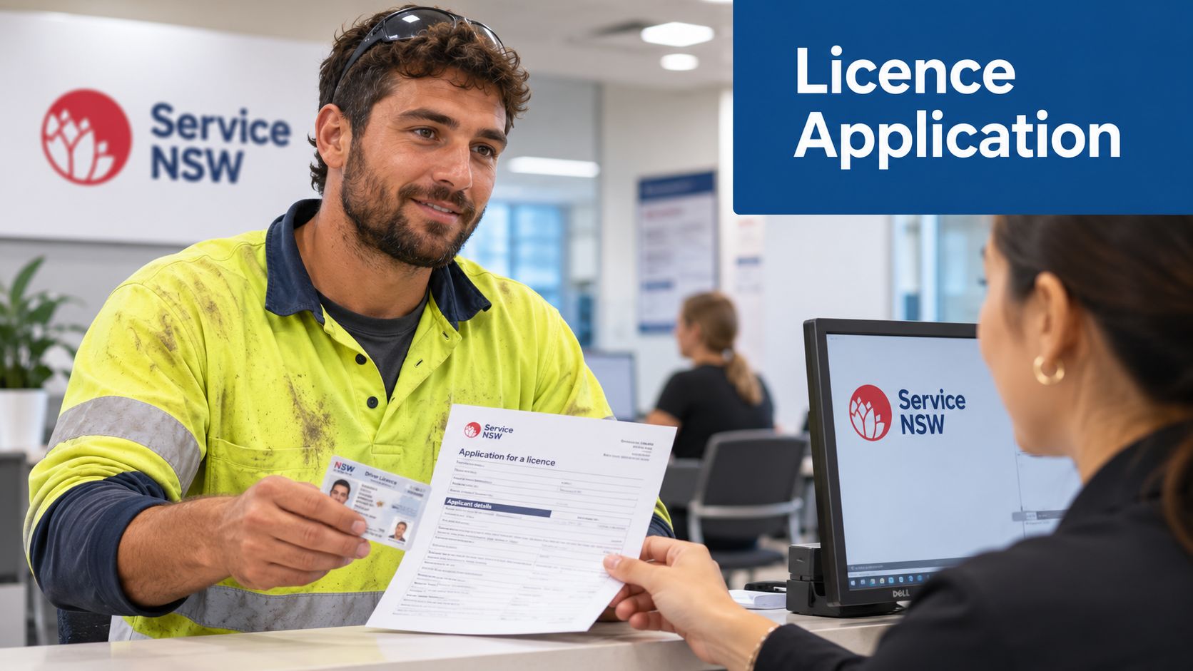 A man in high-visibility work clothing applying for a licence at a Service NSW office desk.