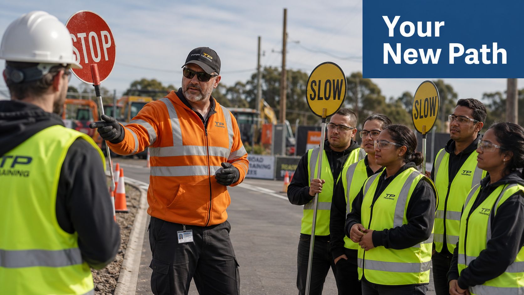 A professional instructor training a group of students in high-visibility vests for traffic controller roles outdoors.