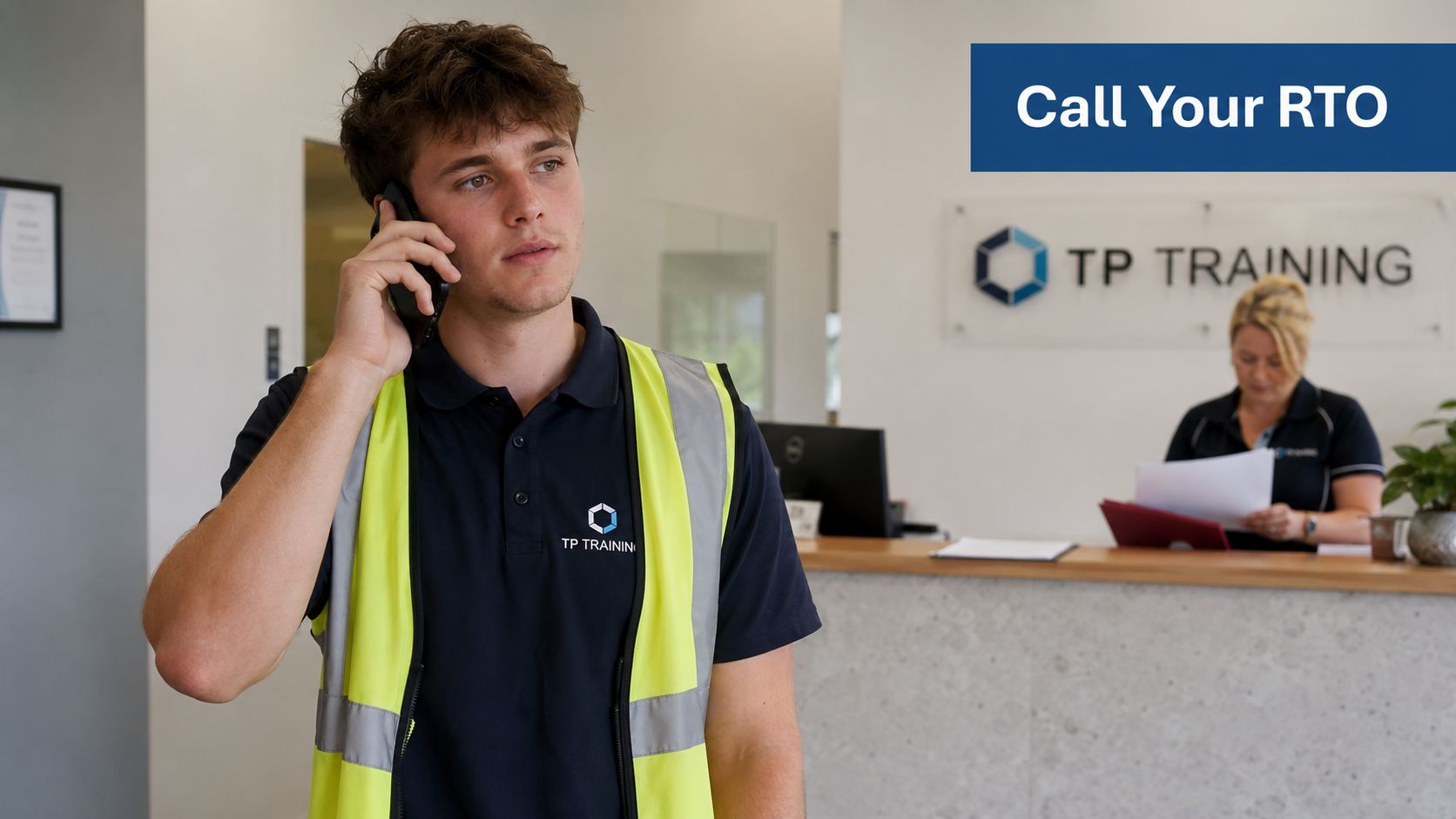 A young man wearing a safety vest and TP Training shirt speaks on his mobile phone in an office.