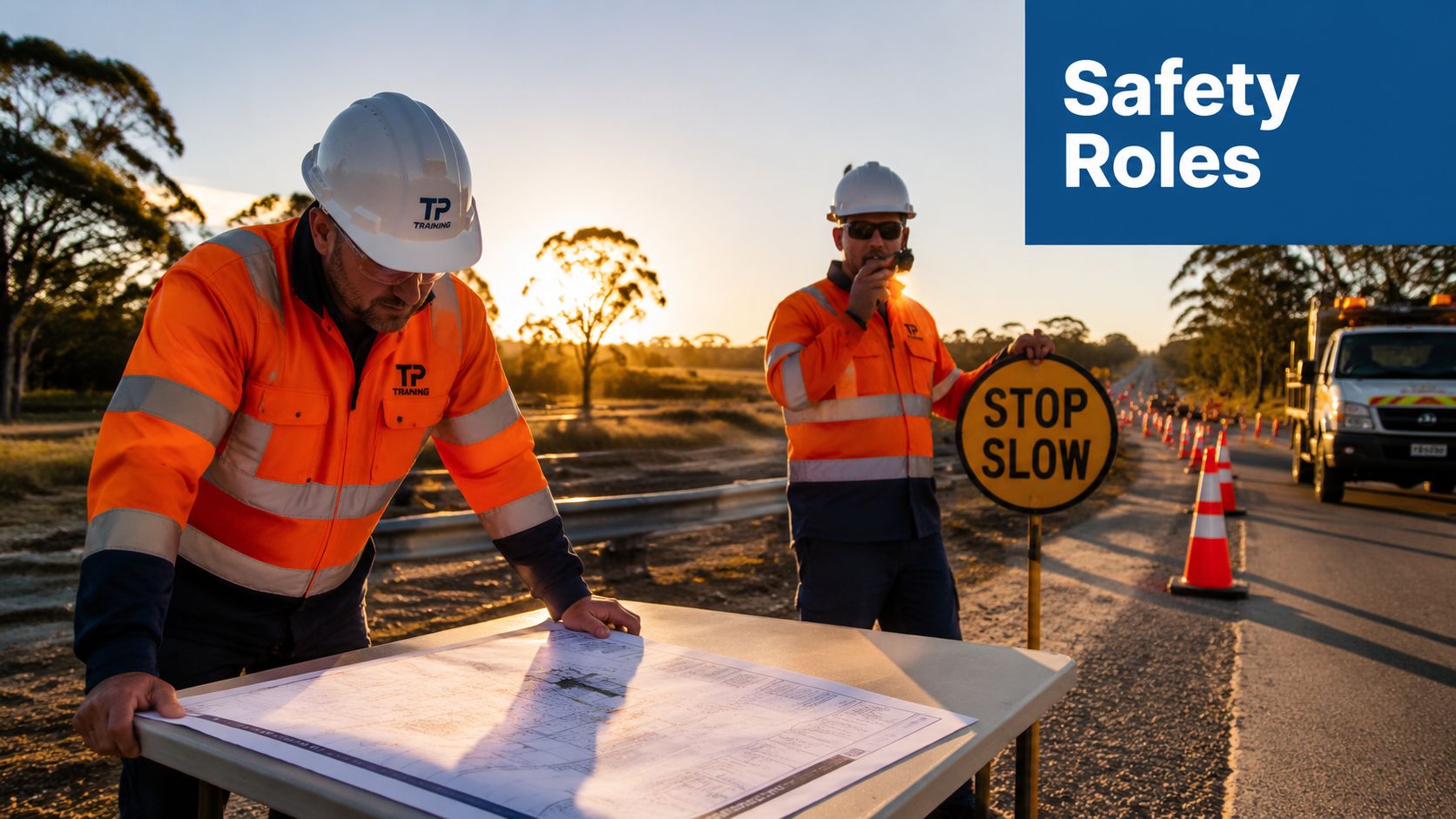 Two construction workers in high visibility gear reviewing project blueprints on a road site near traffic cones.