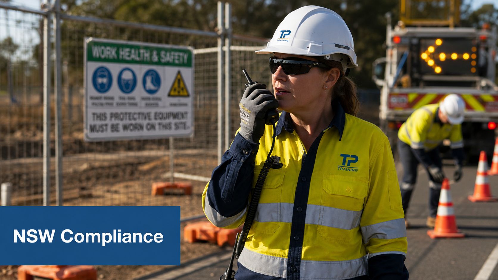 A female traffic controller in high-visibility workwear communicating on a radio at a construction site.