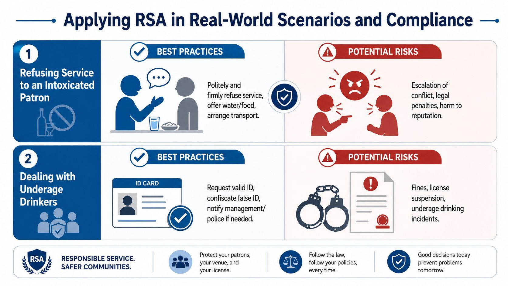 An infographic showing best practices and potential risks for the responsible service of alcohol in venues.