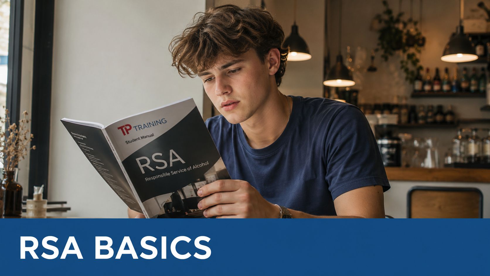 A young man studying an RSA Responsible Service of Alcohol student manual in a cafe setting.