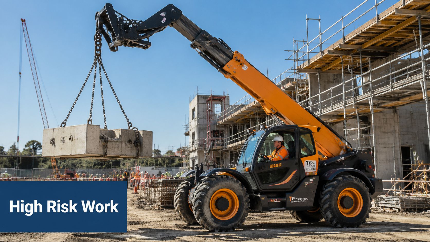 A construction worker operating a telescopic handler to lift a heavy concrete block on a building site.