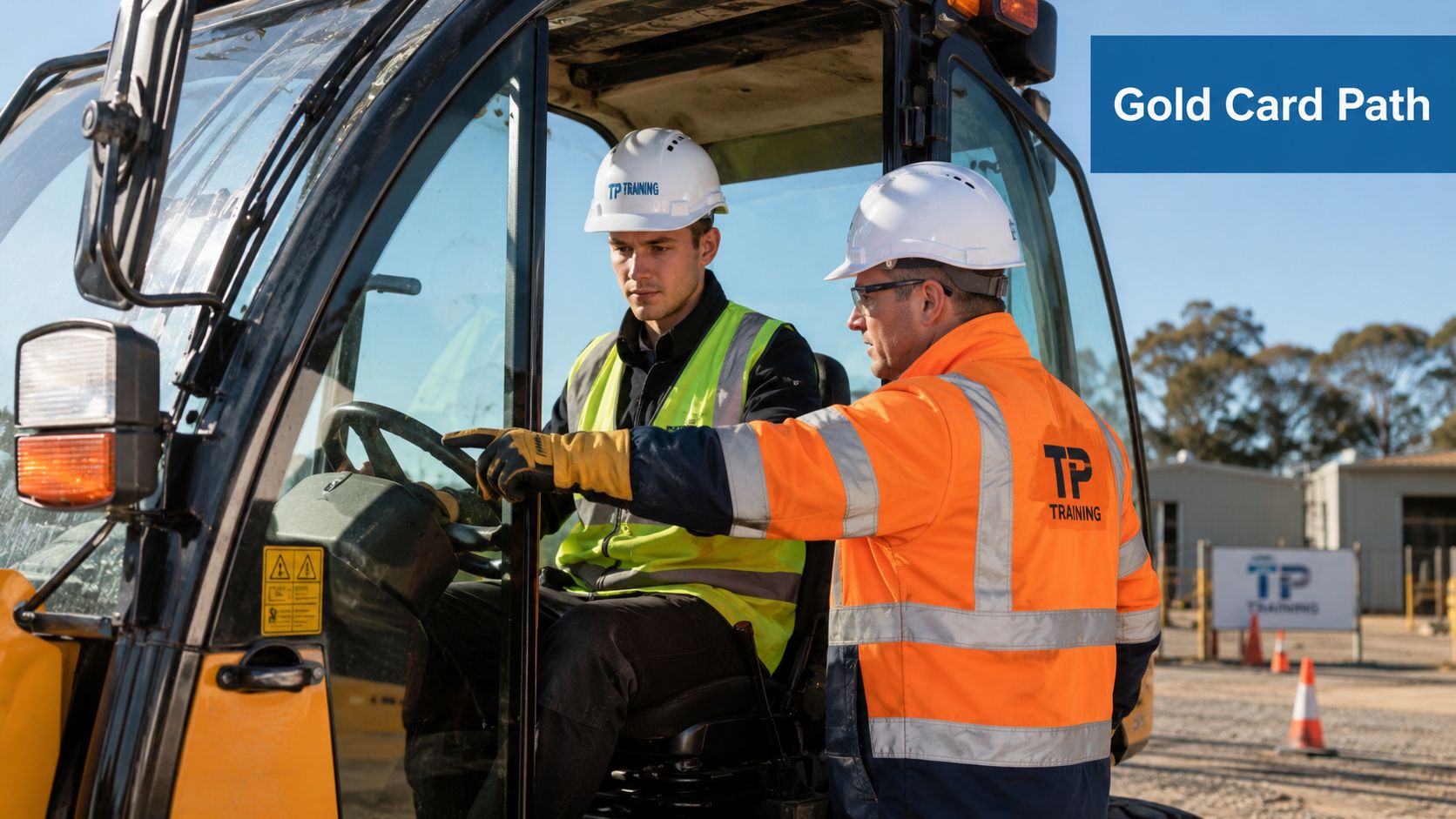 A professional instructor training a student on operating a heavy-duty construction telescopic handler vehicle.