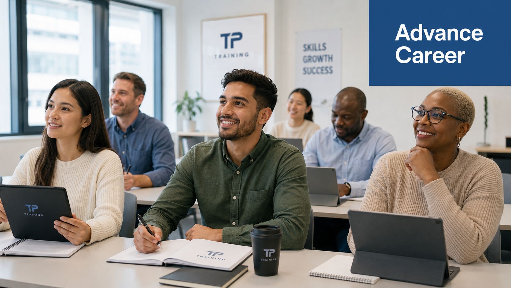 A diverse group of professionals listening attentively in a classroom setting during a training session.