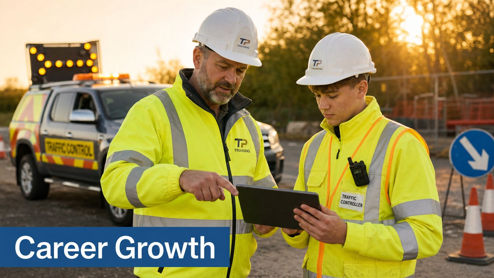 A professional mentor and student wearing safety gear discussing information on a tablet at a training site.