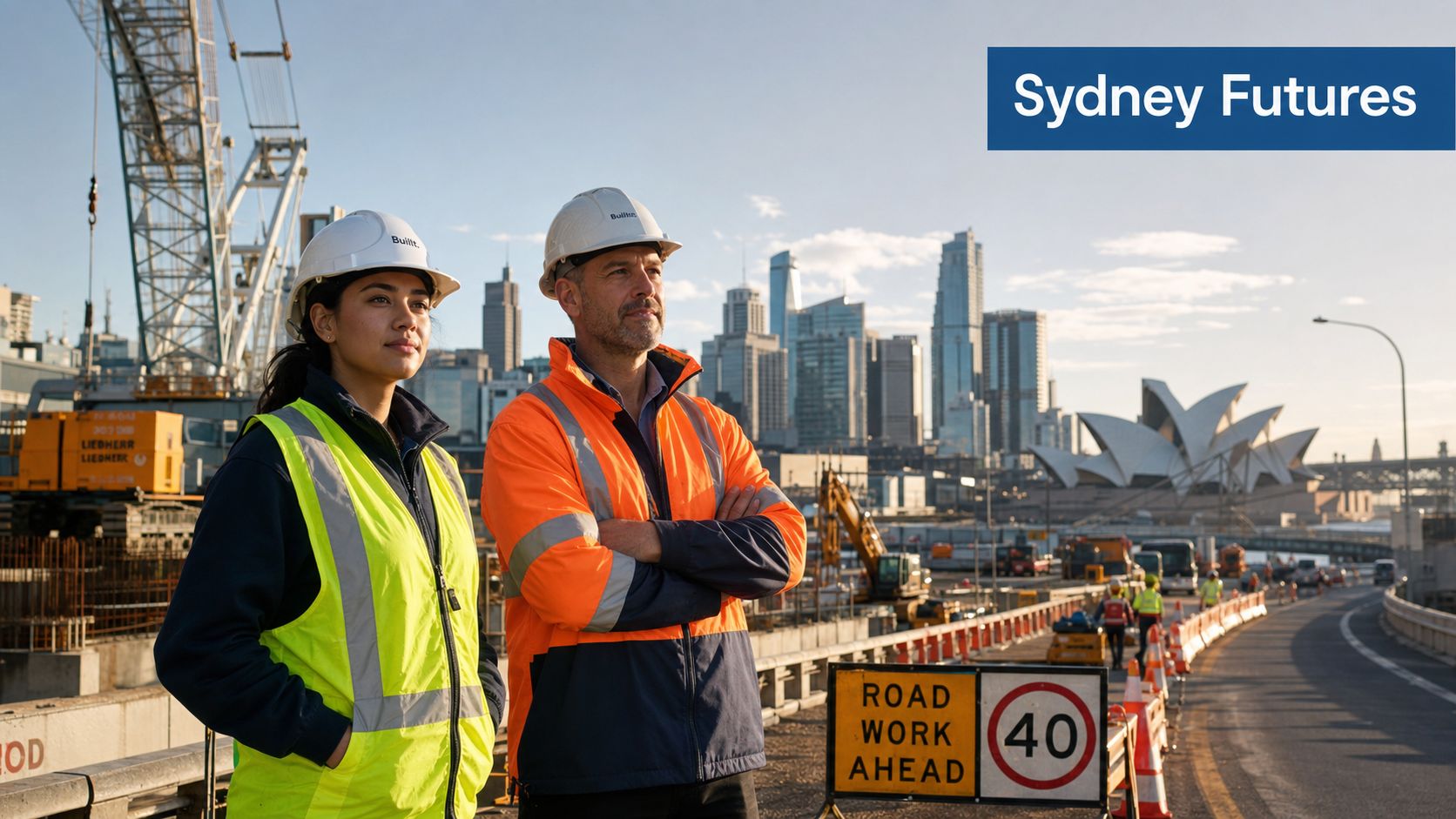 A male and female construction worker standing at a Sydney construction site with the Opera House visible.
