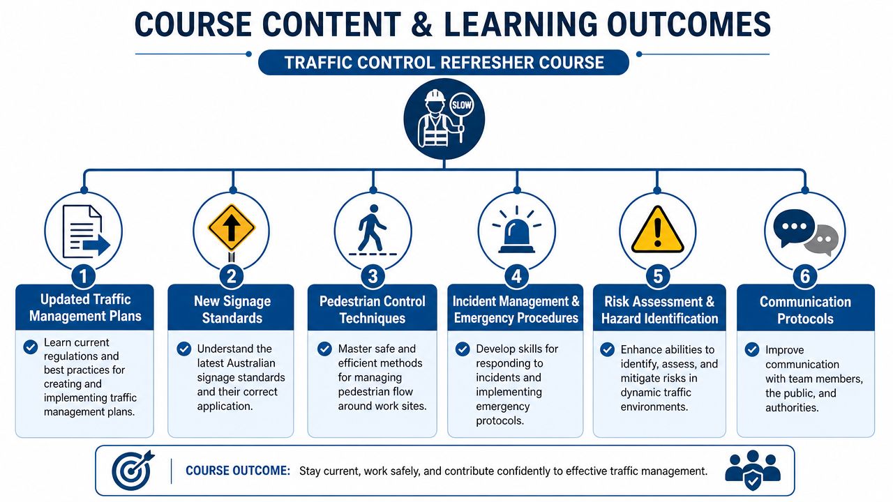 An infographic showing six key modules for a traffic control refresher course for construction workers.