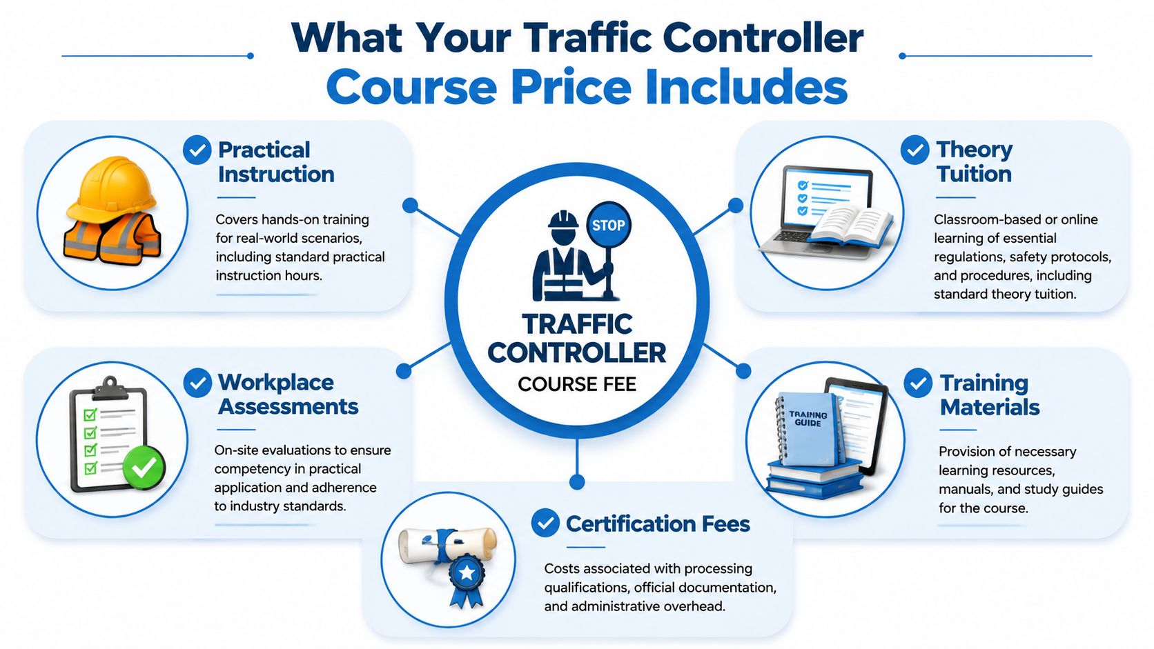 An infographic detailing the components included in the price of a professional traffic controller training course.