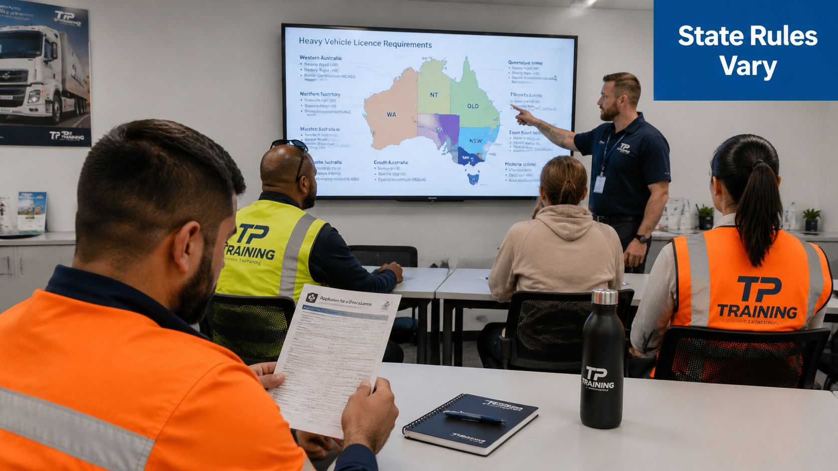 An instructor teaches a heavy vehicle license training class to students in a professional classroom environment.