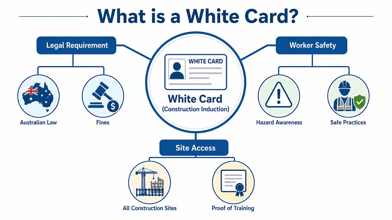 An infographic explaining the White Card, covering legal requirements, worker safety, and construction site access.