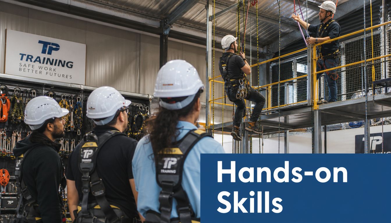 An instructor demonstrates climbing techniques to students wearing safety harnesses during a professional working at heights course.