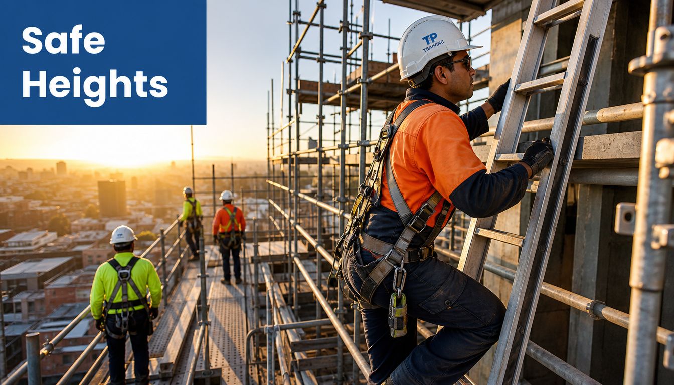 A construction worker in safety gear climbs a metal ladder on a high-rise building project at sunset.