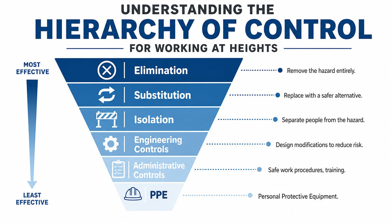 An infographic showing the Hierarchy of Controls for working at heights, ranging from most to least effective.