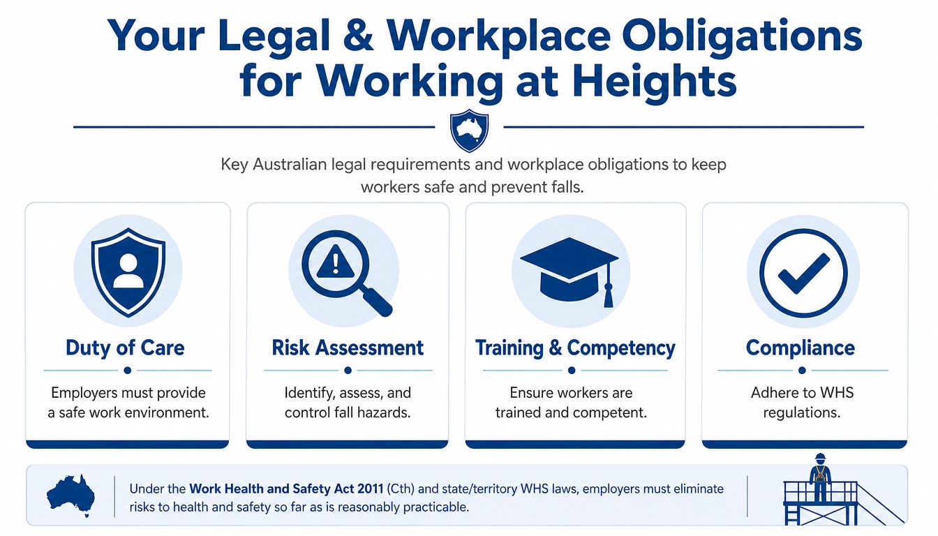 An infographic detailing Australian legal and workplace safety obligations for workers operating at heights.