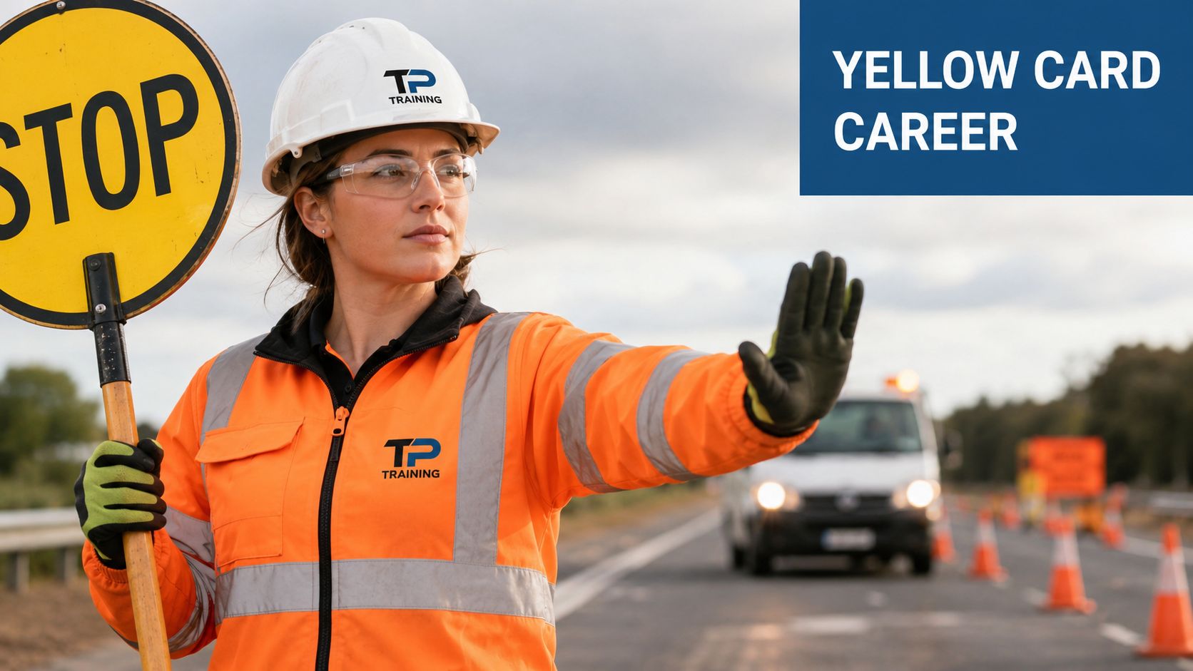 A female traffic controller holding a stop sign and directing traffic while wearing protective work gear.