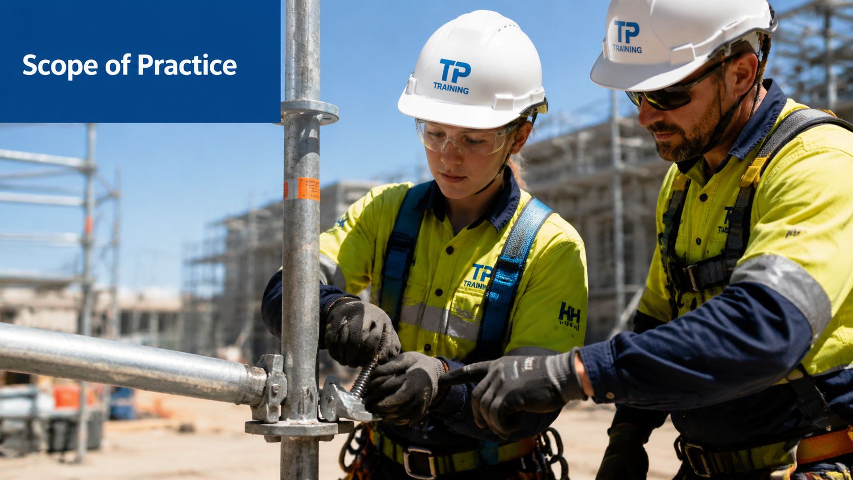 A female trainee and male instructor working on a metal scaffolding structure at a construction site.