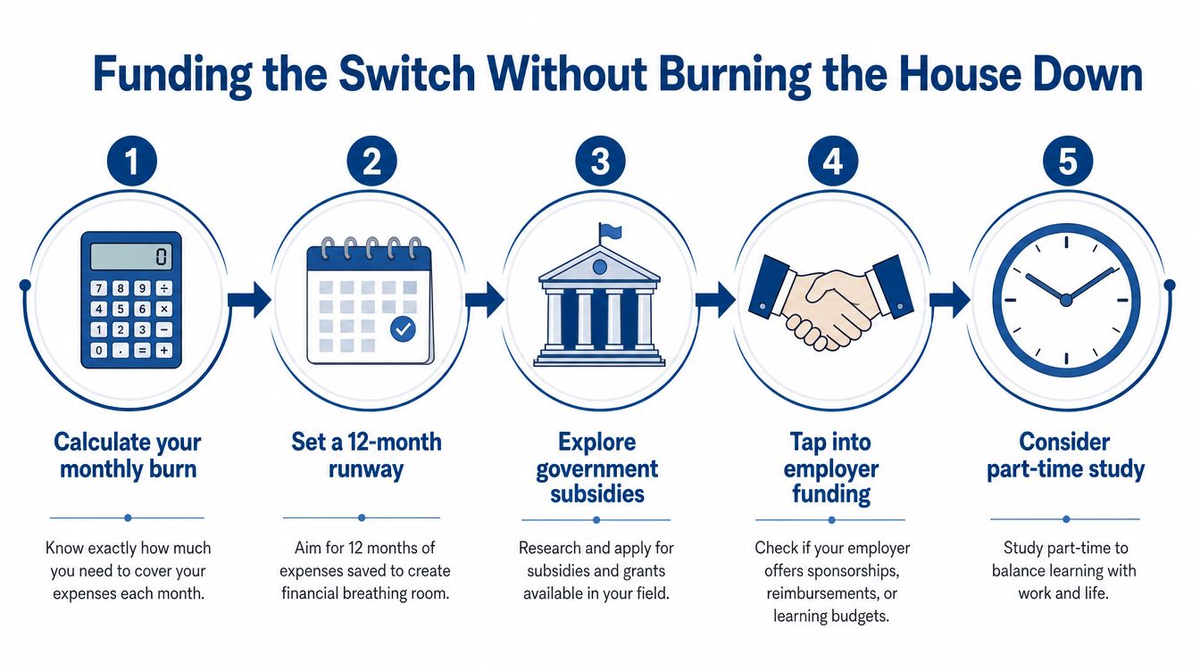 A five-step infographic guide on how to financially plan and fund a career change successfully.
