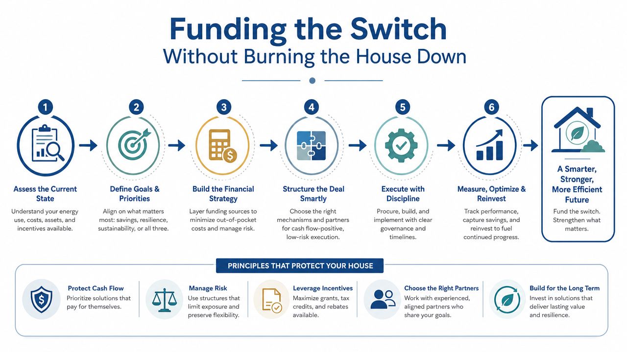 A six-step infographic guide titled Funding the Switch showing how to manage sustainable energy transition investments.