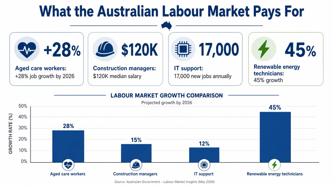 An infographic showing job growth projections and salaries for various Australian sectors, including aged care and energy.