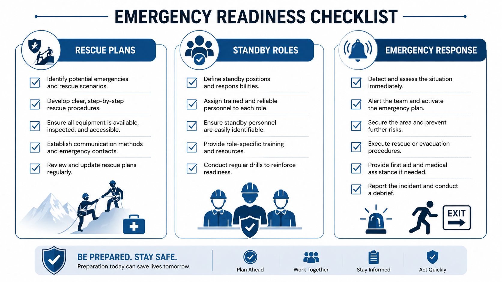 An emergency readiness checklist infographic outlining essential rescue plans, standby roles, and emergency response procedures for safety.