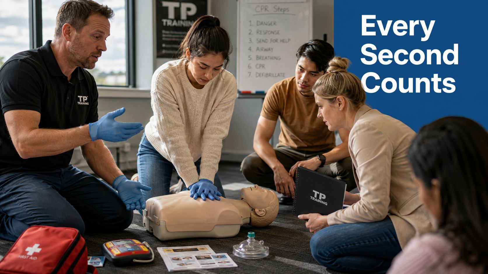 A professional instructor guides a group of students in CPR techniques using a mannequin during training.