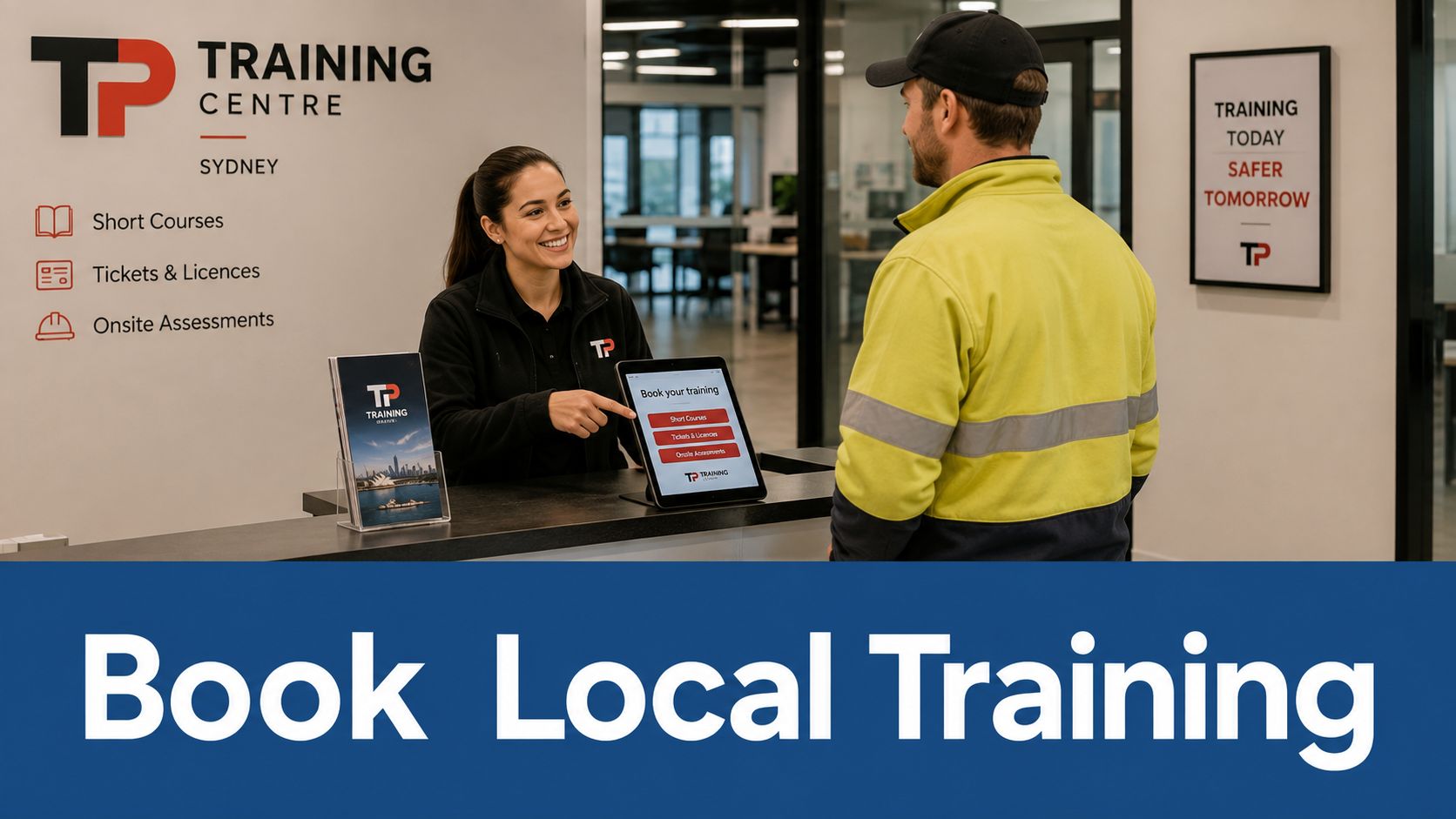 A friendly receptionist assists a worker with professional training bookings at a training centre in Sydney.