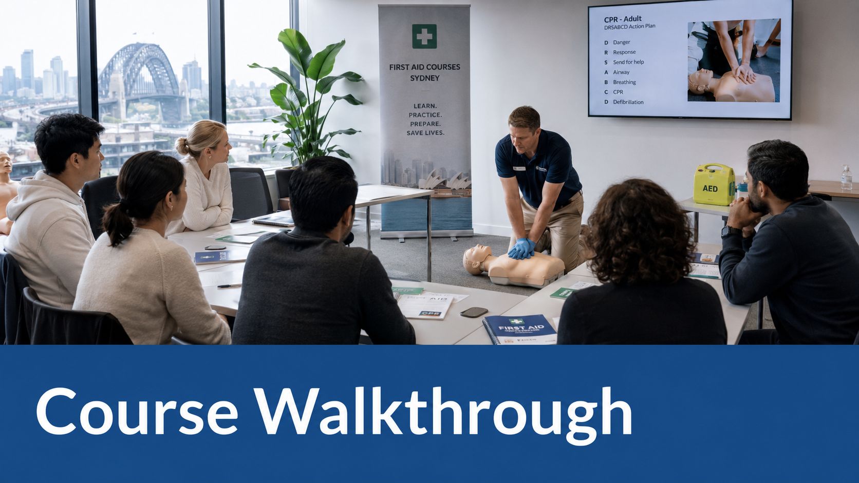 A professional instructor demonstrates CPR techniques to a diverse group of students in a classroom setting.