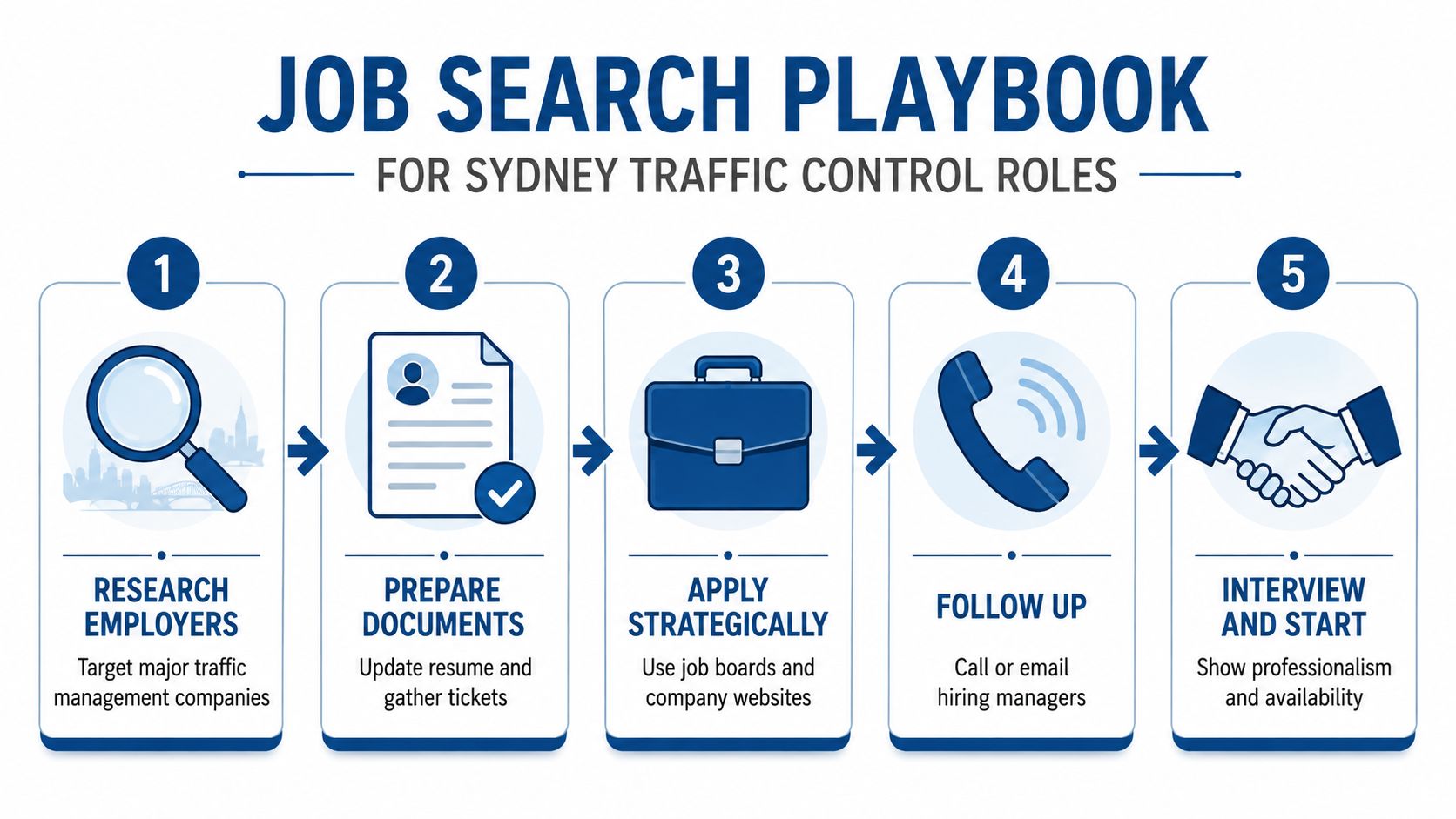 A five-step infographic showing how to find traffic control jobs in Sydney, from researching to starting.