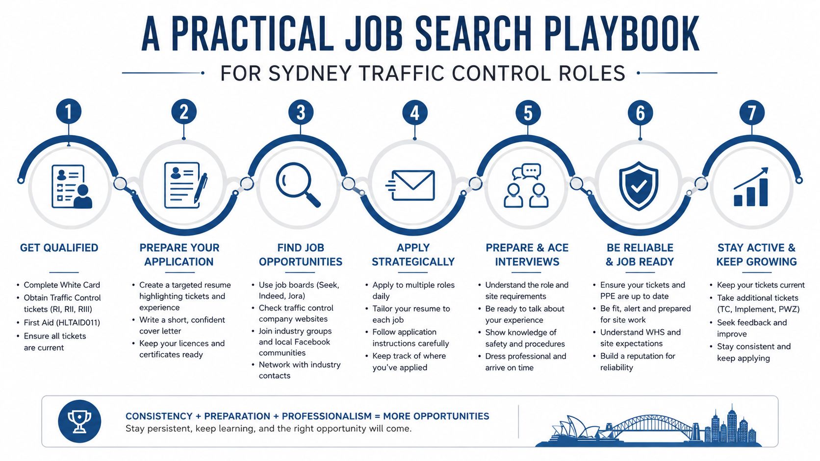 A seven-step guide illustration titled A Practical Job Search Playbook for Sydney Traffic Control Roles.