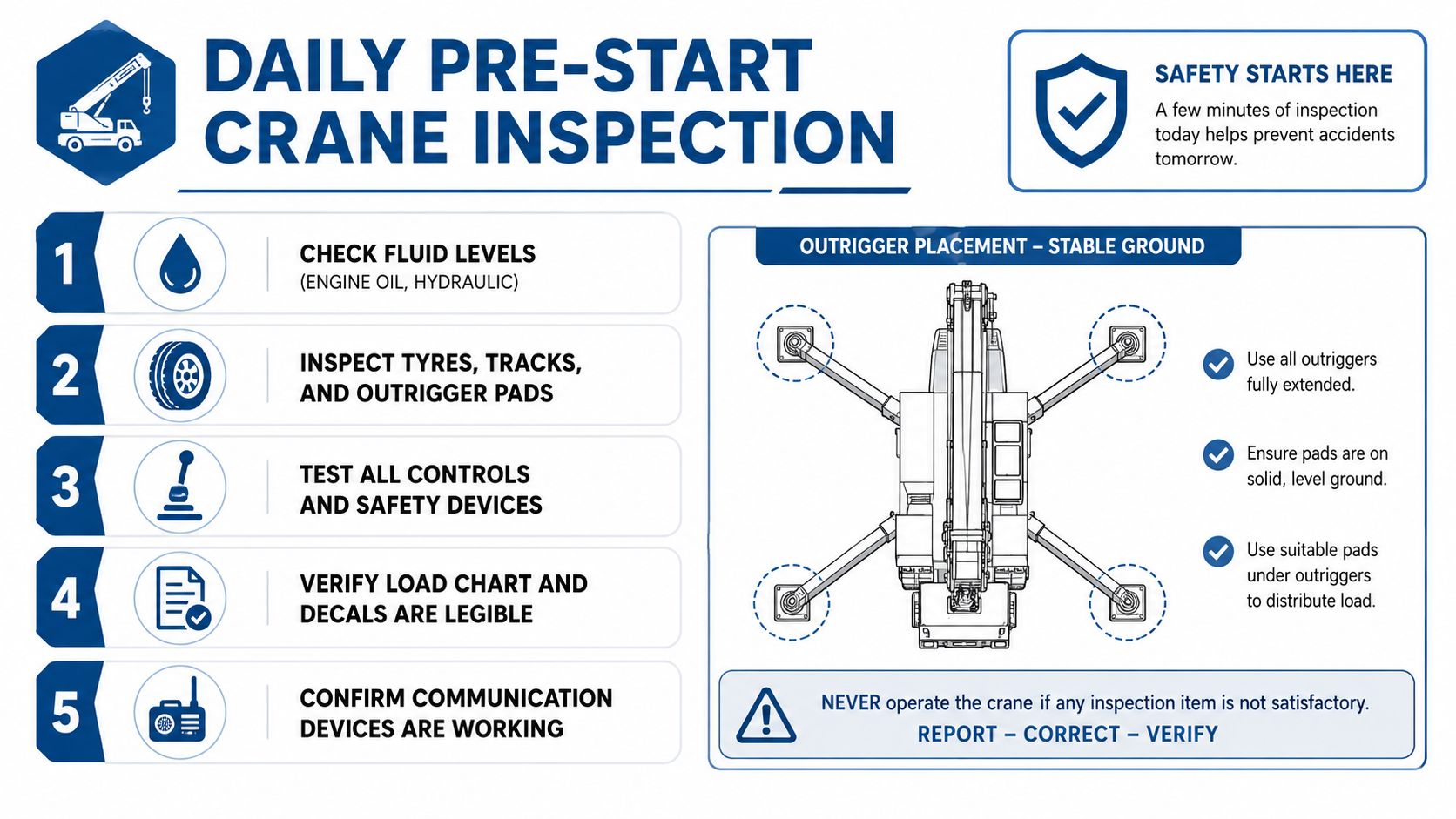 A safety poster detailing the daily pre-start inspection checklist and outrigger placement guidelines for mobile crane operators.