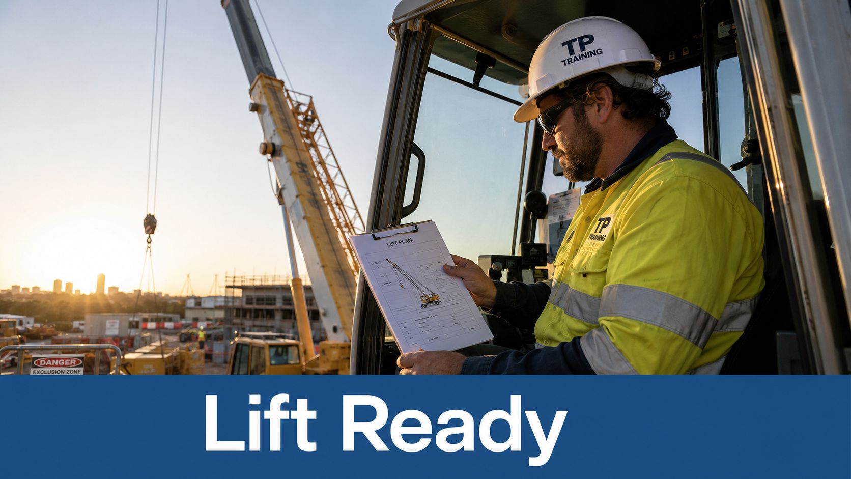 A crane operator in a high-visibility uniform reviews a lift plan document inside a construction cabin.