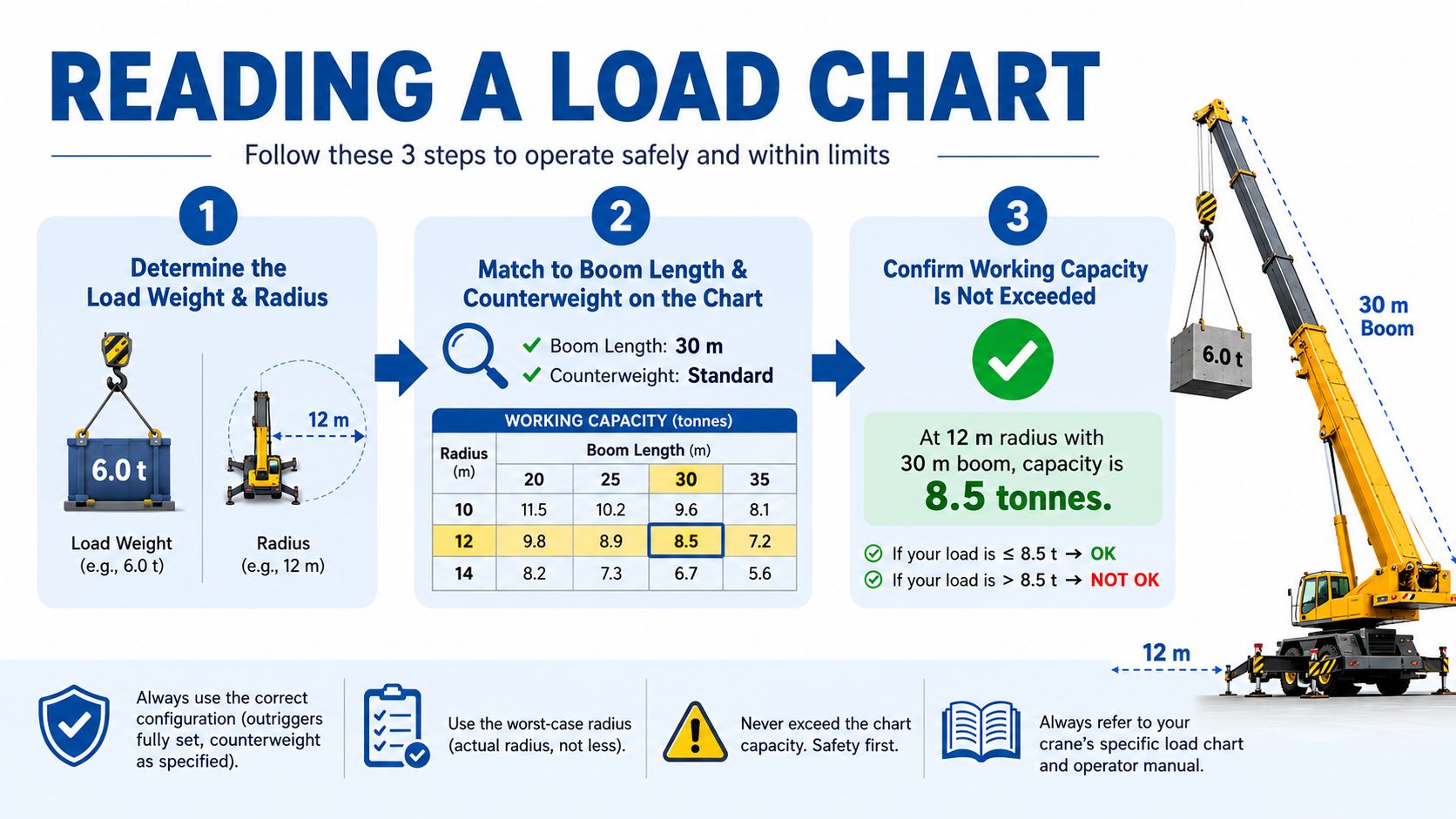 An infographic titled Reading a Load Chart illustrating three steps to safely operate a mobile crane.