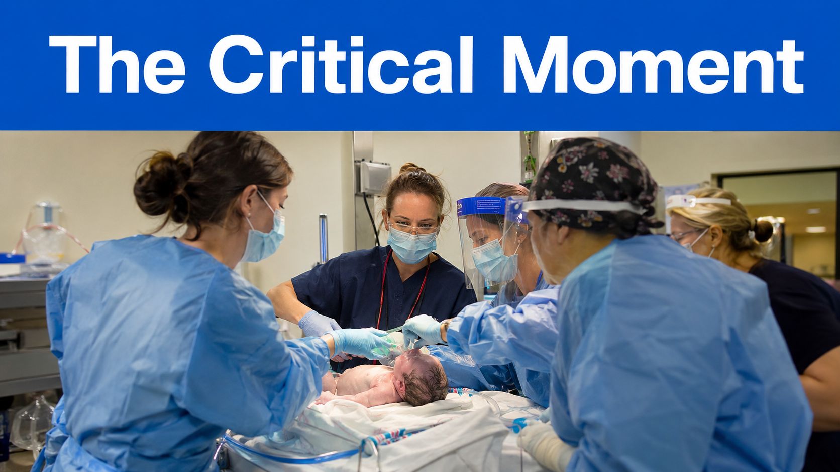 A team of medical professionals performing emergency neonatal resuscitation on a newborn baby in a hospital room.